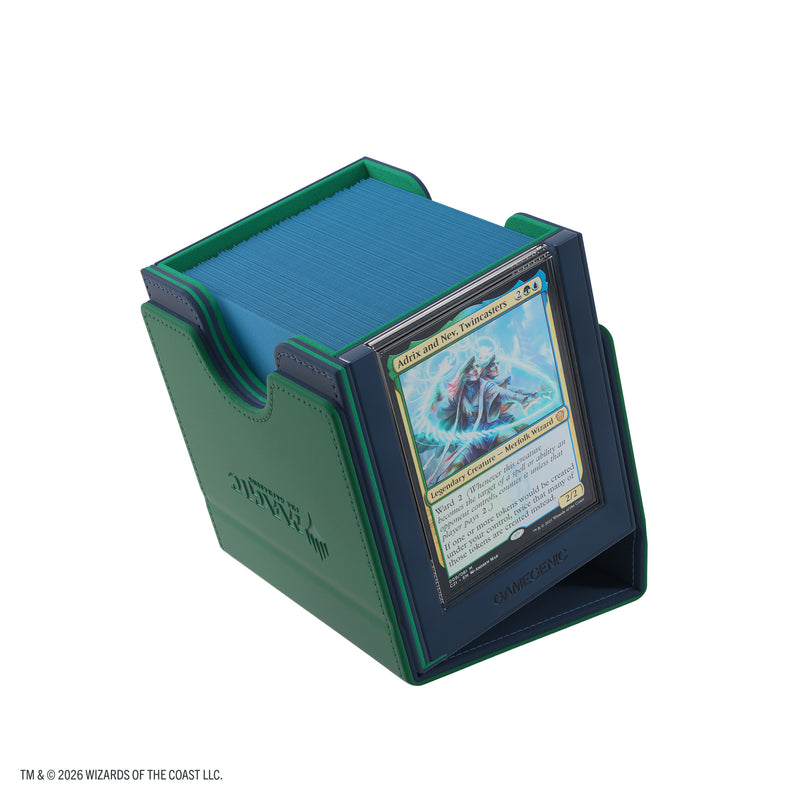 Load image into Gallery viewer, Magic: The Gathering | Secrets of Strixhaven Sidekick PRO 100+ XL - Quandrix - view of of deck box inside detached top filled with sample cards.
