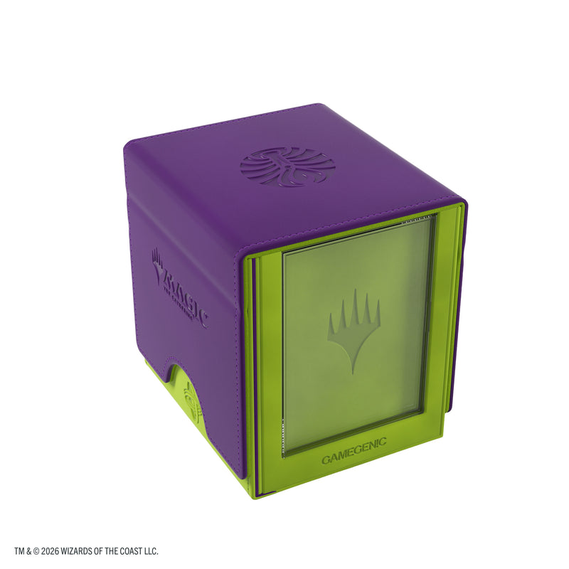 Load image into Gallery viewer, Magic: The Gathering | Secrets of Strixhaven Sidekick PRO 100+ XL - Witherbloom - view of front of purple and green deck box with Magic the Gathering branding. 
