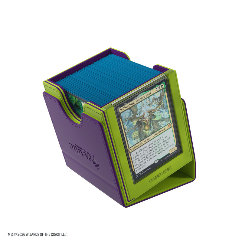 Load image into Gallery viewer, Magic: The Gathering | Secrets of Strixhaven Sidekick PRO 100+ XL - Witherbloom - view of deck box filled with sample cards inside detached lid. 
