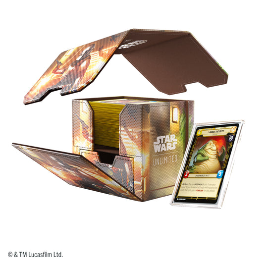 Star Wars: Unlimited Deck Pod - The Mandalorian & Grogu - view of deck pod, detachable lid, storage drawer and slide card case shown with sample card inside. 