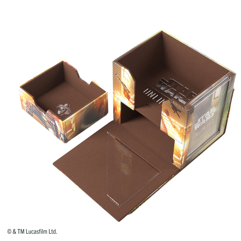Load image into Gallery viewer, Star Wars: Unlimited Deck Pod - The Mandalorian &amp; Grogu - view of open deck pod and storage drawer with brown interiors. 
