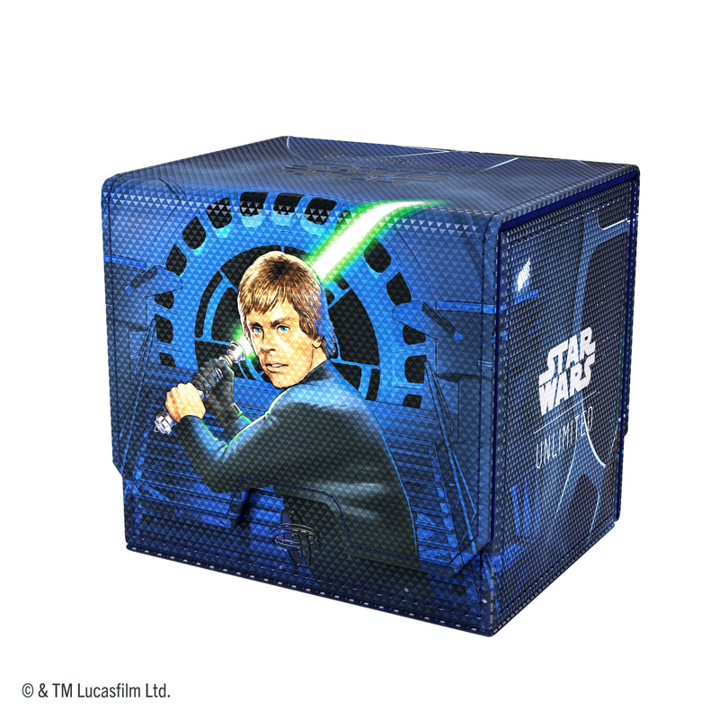 Load image into Gallery viewer, Star Wars: Unlimited Deck Pod - Jedi Luke Skywalker &amp; Emperor Palpatine - view of back of deck pod featuring art of Luke Skywalker. 
