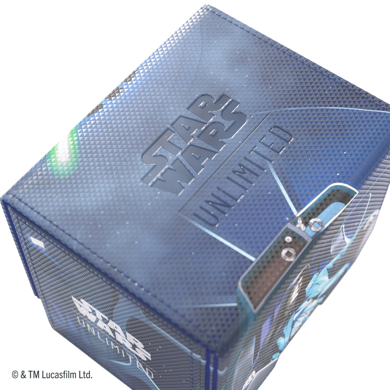 Load image into Gallery viewer, Star Wars: Unlimited Deck Pod - Jedi Luke Skywalker &amp; Emperor Palpatine - view of top of deck pod with Star Wars Unlimited branding on blue background. 
