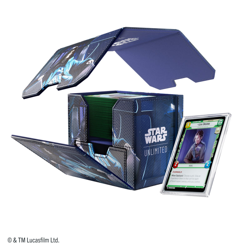 Load image into Gallery viewer, Star Wars: Unlimited Deck Pod - Jedi Luke Skywalker &amp; Emperor Palpatine - view of deck pod, detachable lid, storage drawer, and slide card case shown with sample cards inside. 
