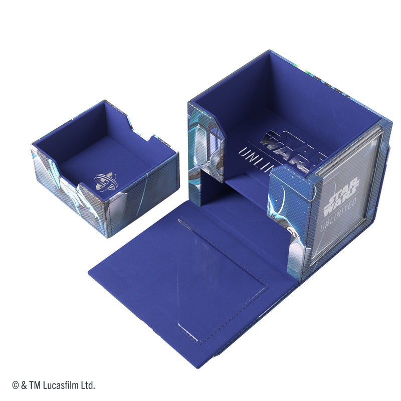Load image into Gallery viewer, Star Wars: Unlimited Deck Pod - Jedi Luke Skywalker &amp; Emperor Palpatine - view of open deck pod and removeable storage drawer. 
