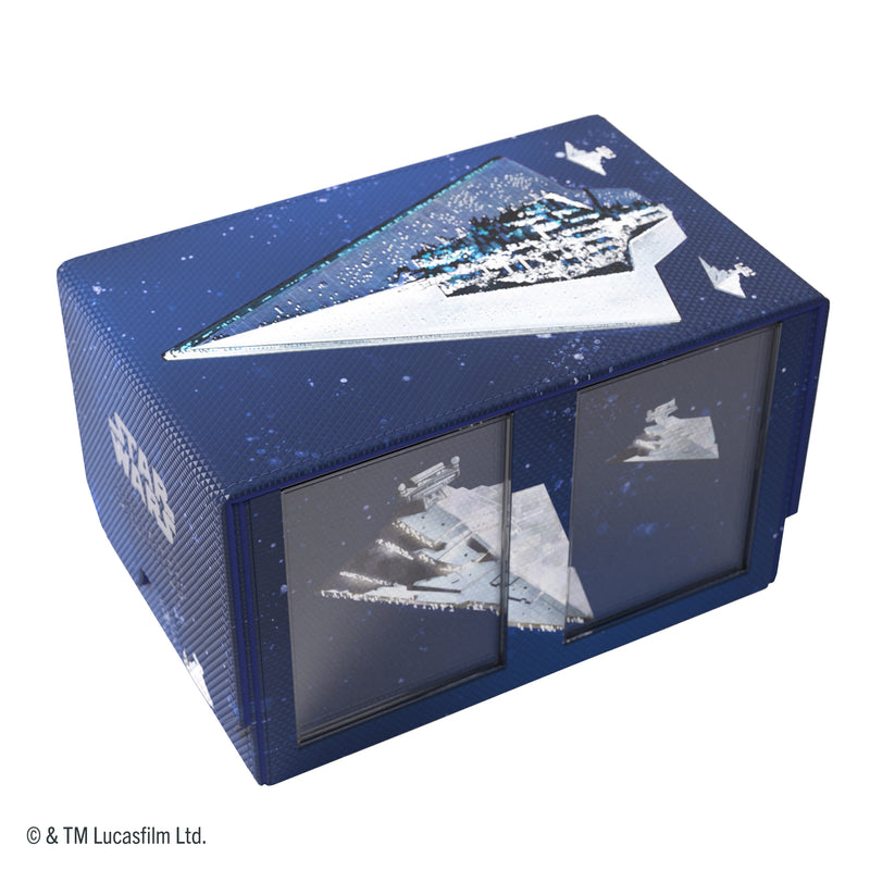Load image into Gallery viewer, Star Wars: Unlimited Double Deck Pod - Star Destroyers - view of front of double deck pod featuring images of Star Destroyers on a blue background. 
