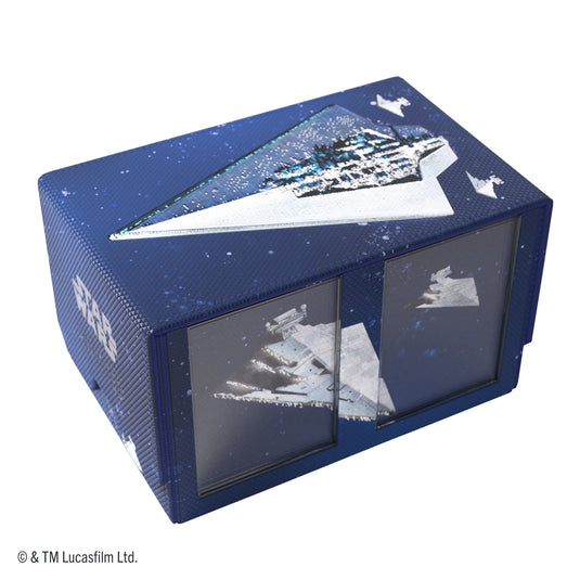 Star Wars: Unlimited Double Deck Pod - Star Destroyers - view of front of double deck pod featuring images of Star Destroyers on a blue background. 