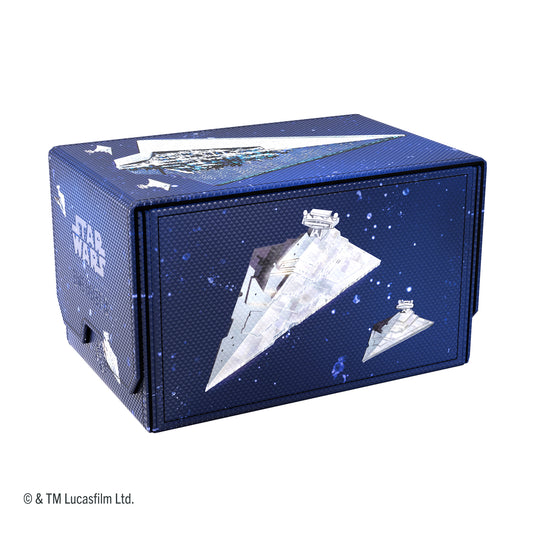 Star Wars: Unlimited Double Deck Pod - Star Destroyers - view of back of double deck pod featuring images of Star Destroyers on a blue background. 