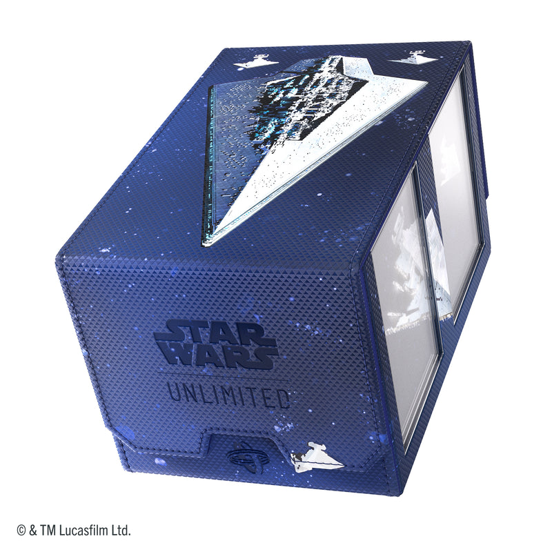 Load image into Gallery viewer, Star Wars: Unlimited Double Deck Pod - Star Destroyers - view of side of double deck pod with Star Wars Unlimited branding on a blue background. 
