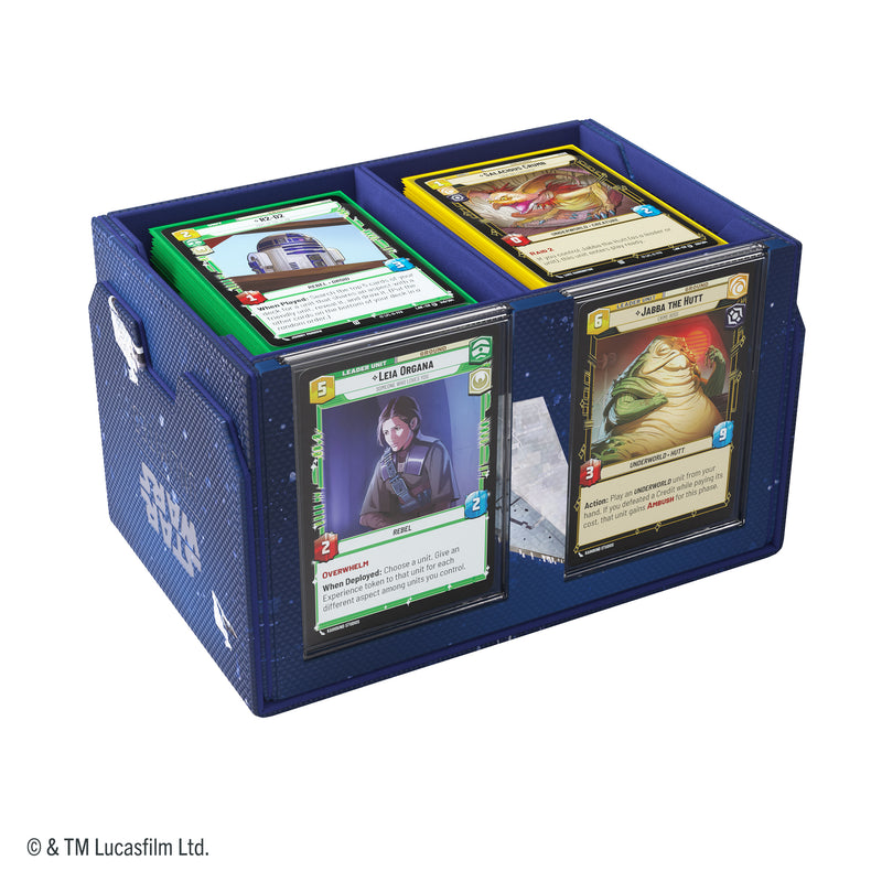 Load image into Gallery viewer, Star Wars: Unlimited Double Deck Pod - Star Destroyers - view of open double deck pod with two slide card slots and storage compartments shown with sample cards inside. 
