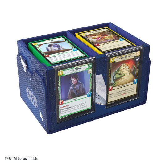 Star Wars: Unlimited Double Deck Pod - Star Destroyers - view of open double deck pod with two slide card slots and storage compartments shown with sample cards inside. 