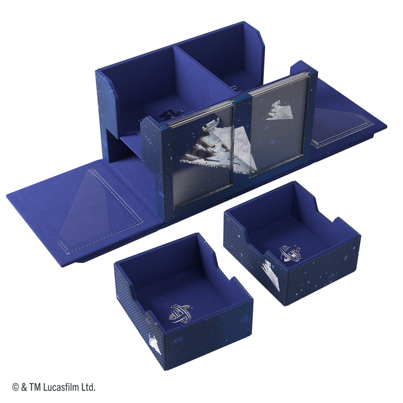 Load image into Gallery viewer, Star Wars: Unlimited Double Deck Pod - Star Destroyers - view of open double deck pod, two removable storage drawers, and two slide card cases. 
