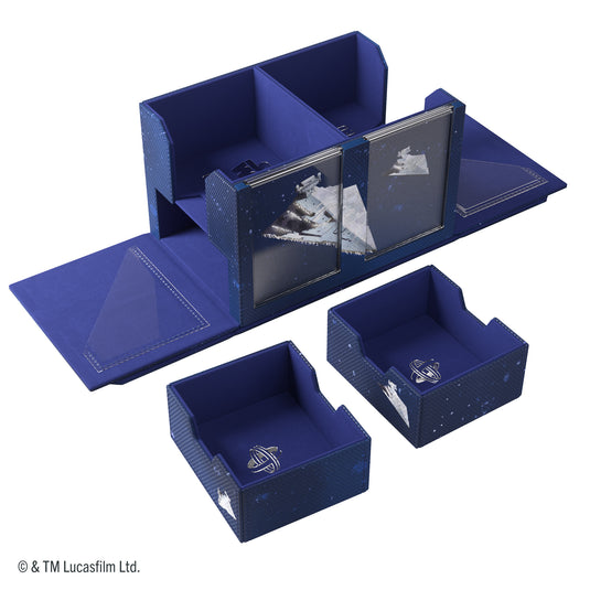 Star Wars: Unlimited Double Deck Pod - Star Destroyers - view of open double deck pod, two removable storage drawers, and two slide card cases. 