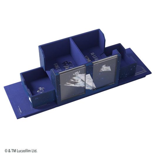 Star Wars: Unlimited Double Deck Pod - Star Destroyers - view of open double deck pod, two removable storage drawers, and two slide card cases. 