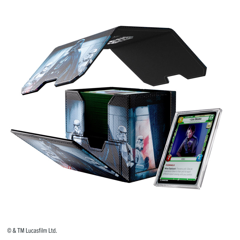 Load image into Gallery viewer, Star Wars: Unlimited Deck Pod - Darth Vader &amp; Grand Moff Tarkin - View of deck pod with removeable lid and card case with sample Leia Organa card shown inside. 
