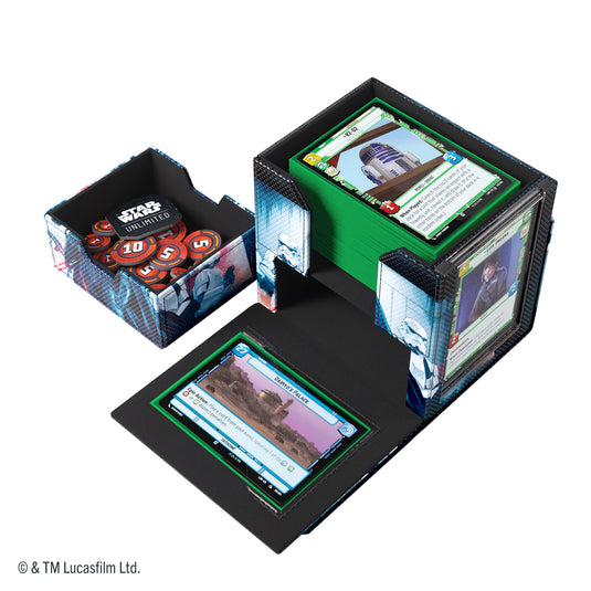 Star Wars: Unlimited Deck Pod - Darth Vader & Grand Moff Tarkin - View of open deck pod and storage drawer shown with sample cards and tokens inside. 