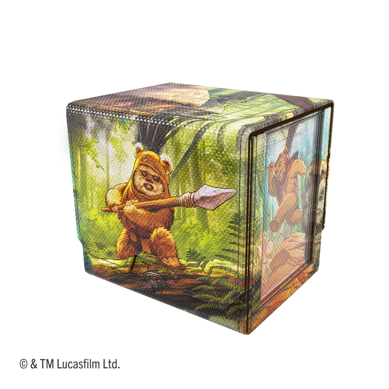 Load image into Gallery viewer, Star Wars: Unlimited Deck Pod - Ewoks - View of front of deck box featuring art of an Ewok holding a spear. 
