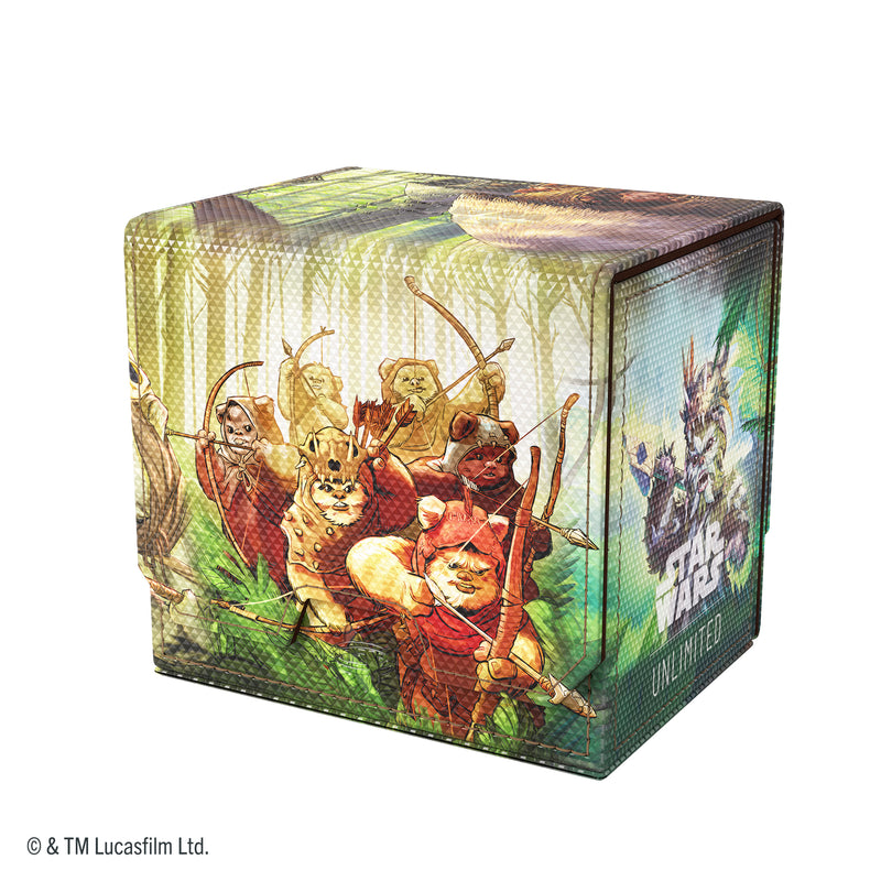 Load image into Gallery viewer, Star Wars: Unlimited Deck Pod - Ewoks - View of front of deck box featuring art of an Ewok holding a spear. 
