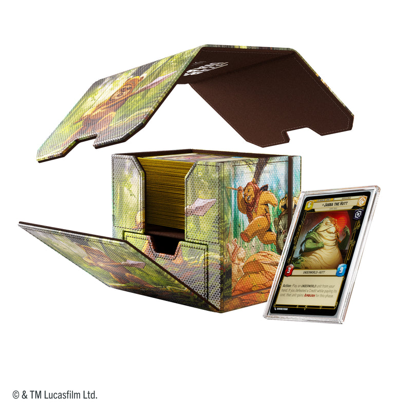 Load image into Gallery viewer, Star Wars: Unlimited Deck Pod - Ewoks - View of deck box with removeable lid featuring art of Ewoks and card case with Sample Jabba the Hutt card inside. 
