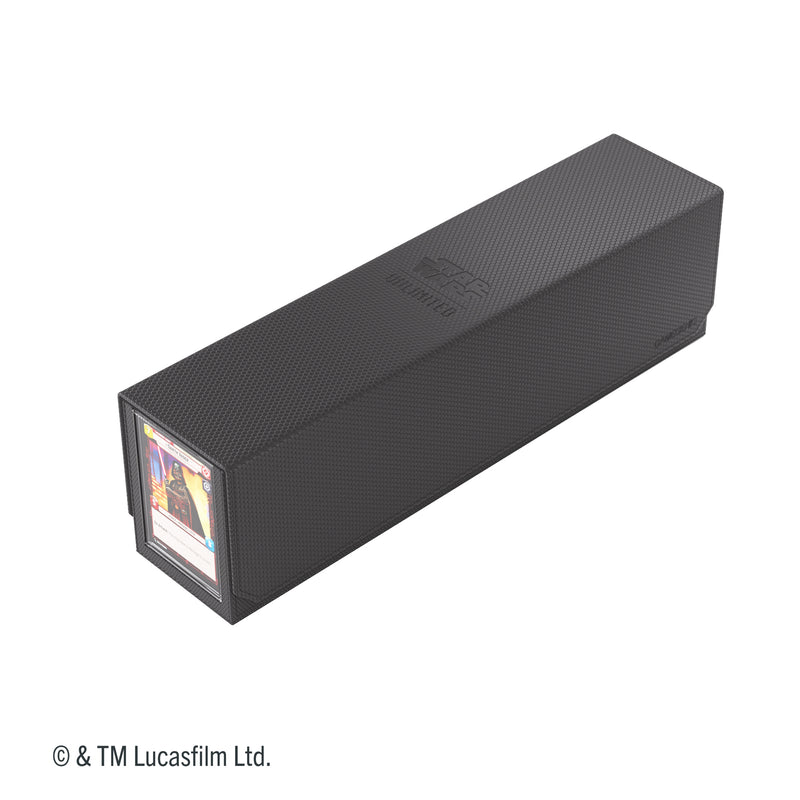Load image into Gallery viewer, Star Wars: Unlimited Cards' Shuttle - View of black card shuttle with sample Darth Vader card in the card window on the end. 
