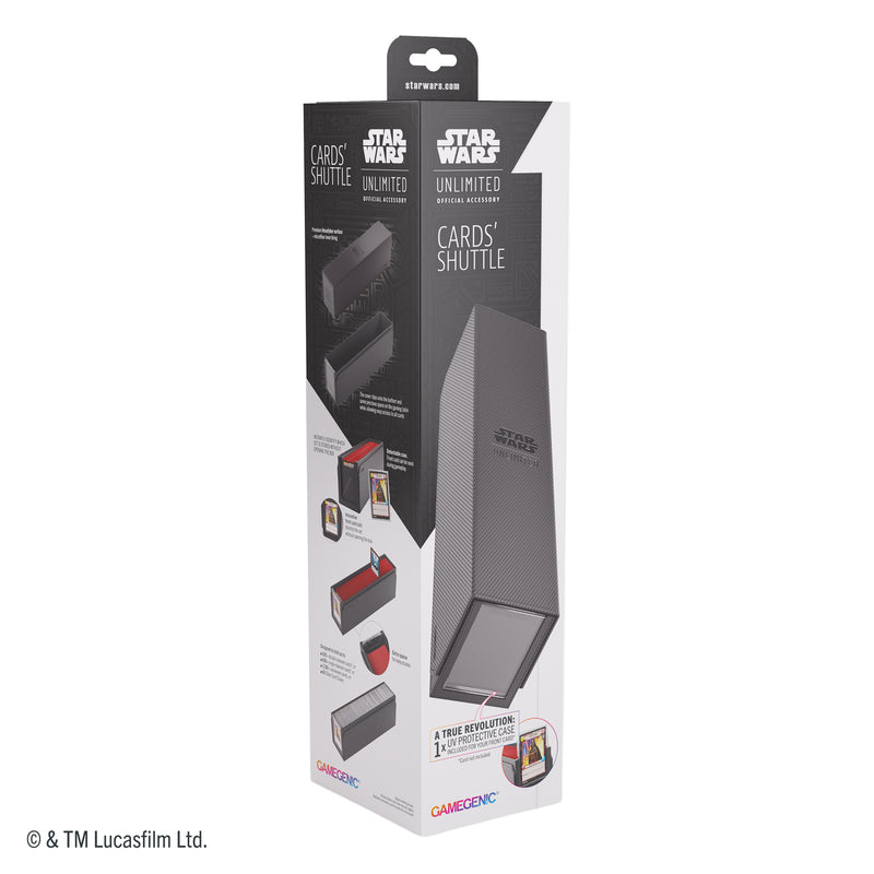 Load image into Gallery viewer, Star Wars: Unlimited Cards' Shuttle - Front of packaging with image of black card shuttle box. 
