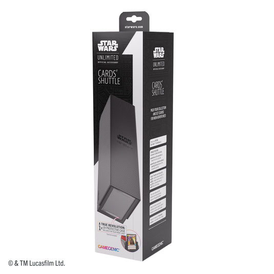 Star Wars: Unlimited Cards' Shuttle - Front of packaging with image of black card shuttle box. 