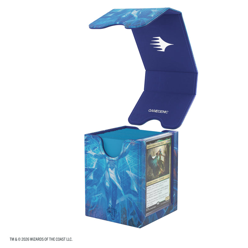 Load image into Gallery viewer, Magic: The Gathering | Reality Fracture Squire PLUS 100+ XL - Overwrite the Multiverse - View of deck box and removeable lid with the Magic the Gathering logo in white on the underside of the lid and a slide card case on the side of the deck box.
