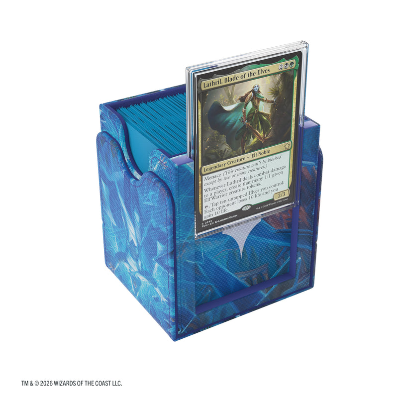 Load image into Gallery viewer, Magic: The Gathering | Reality Fracture Squire PLUS 100+ XL - Overwrite the Multiverse - View of side of deck box with removeable slide card case shown with sample card inside.
