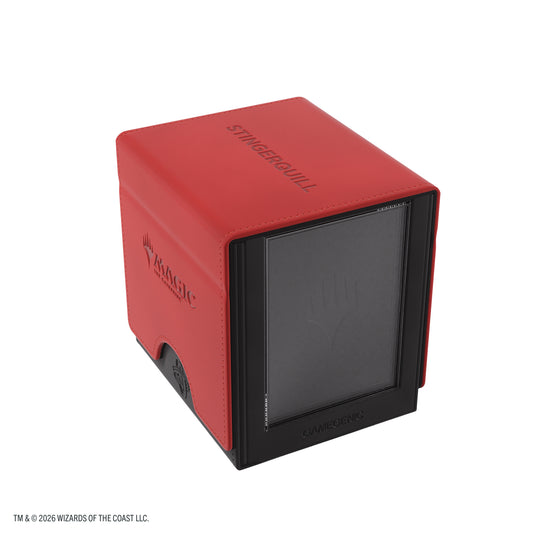 Magic: The Gathering | Reality Fracture Sidekick PRO 100+ XL - Stingerquill - View of front of box with black base and red cover. Lid features Magic the Gathering and Stingerquill branding. A Slide card case is shown on the side of the deck box.