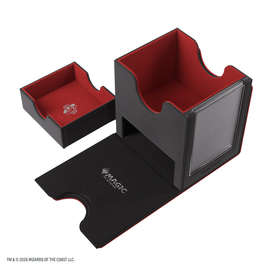 Magic: The Gathering | Reality Fracture Sidekick PRO 100+ XL - Stingerquill - View of open deck box and removeable storage compartment with a black exterior and red interior.