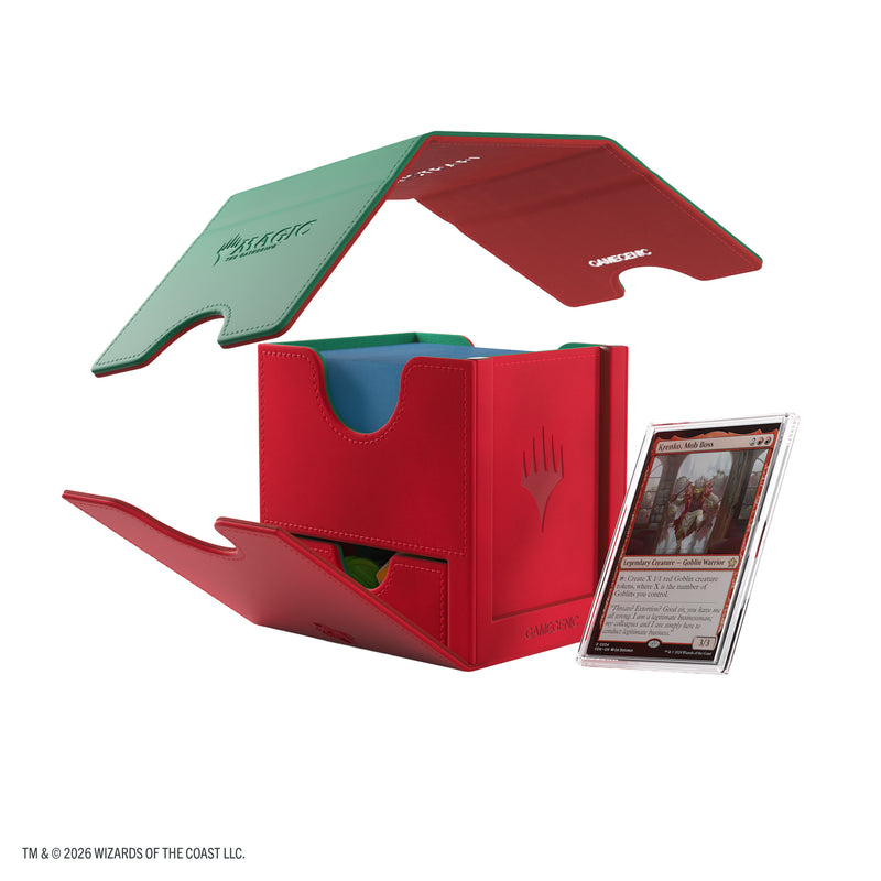 Load image into Gallery viewer, Magic: The Gathering | Reality Fracture Sidekick PRO 100+ XL - Konstrari - View of red deck box, removeable lid, storage compartment, and slide card case.
