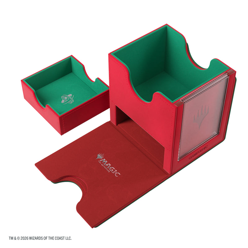 Load image into Gallery viewer, Magic: The Gathering | Reality Fracture Sidekick PRO 100+ XL - Konstrari - View of open deck box and storage compartment with red exterior and green interior. 
