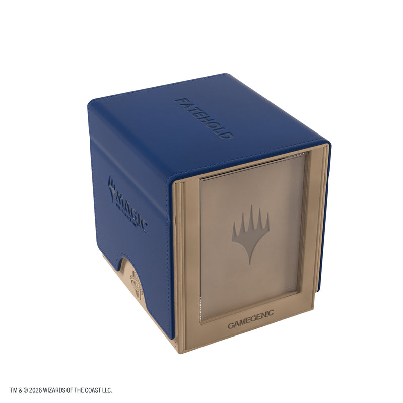 Load image into Gallery viewer, Magic: The Gathering | Reality Fracture Sidekick PRO 100+ XL - Fatehold - View of beige deck box with navy blue lid. The lid features Magic the Gathering and Fatehold branding.
