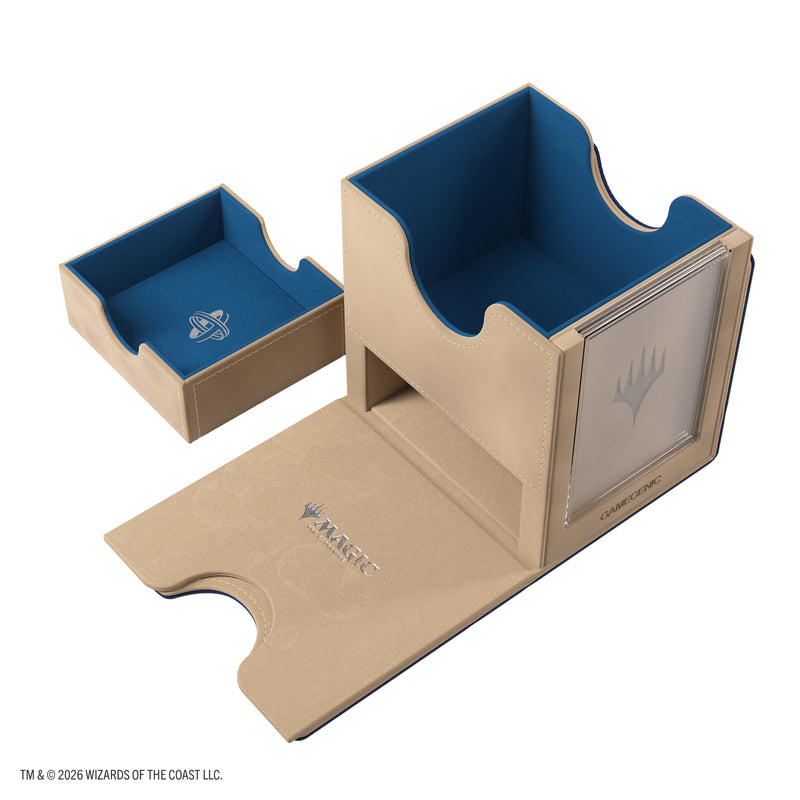 Load image into Gallery viewer, Magic: The Gathering | Reality Fracture Sidekick PRO 100+ XL - Fatehold - View of open deck box and storage compartment with a beige exterior and blue interior.

