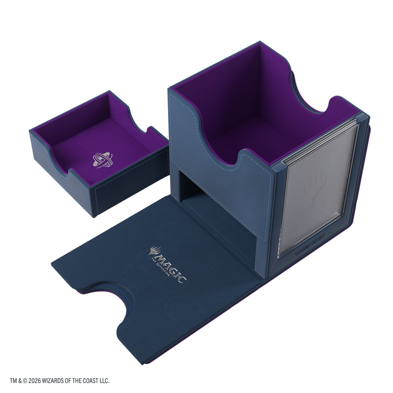 Load image into Gallery viewer, Magic: The Gathering | Reality Fracture Sidekick PRO 100+ XL - Theorix - View of open deck box and storage compartment with dark blue exterior and purple interior.
