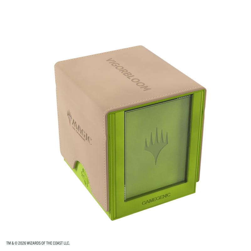 Load image into Gallery viewer, Magic: The Gathering | Reality Fracture Sidekick PRO 100+ XL - Vigorbloom - View of front green and beige deck box with Magic the Gathering and Vigorbloom branding.
