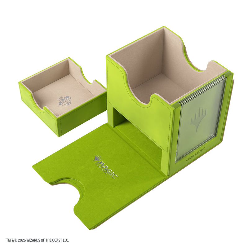 Load image into Gallery viewer, Magic: The Gathering | Reality Fracture Sidekick PRO 100+ XL - Vigorbloom - View of open green and beige deck box and storage compartment. 
