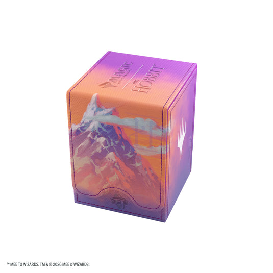 Magic: The Gathering | The Hobbit Squire 80+ XL - Gollum, Riddle Master/The Lonely Mountain - View of front of storage box featuring art of mountains with orange and purple background. 