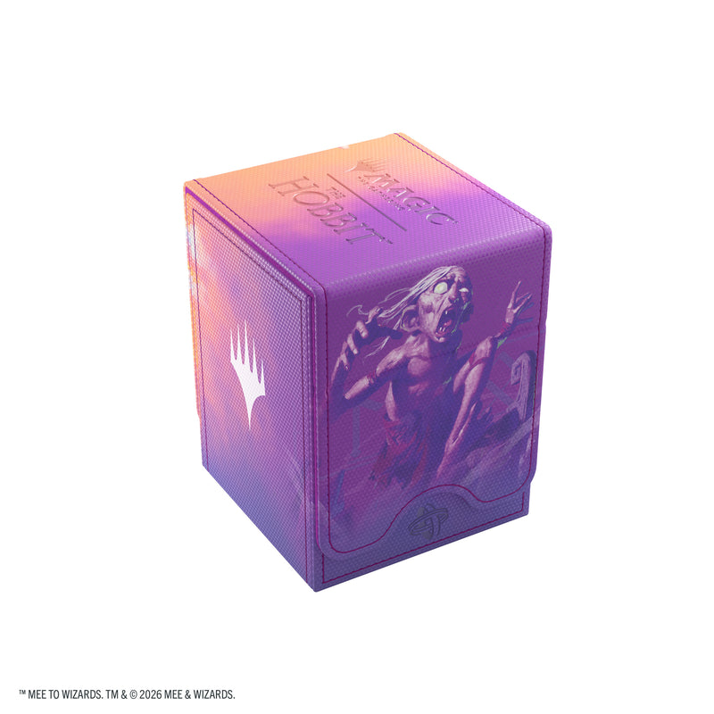 Load image into Gallery viewer, Magic: The Gathering | The Hobbit Squire 80+ XL - Gollum, Riddle Master/The Lonely Mountain - View of back of deck box featuring art of Gollum on a purple background. 
