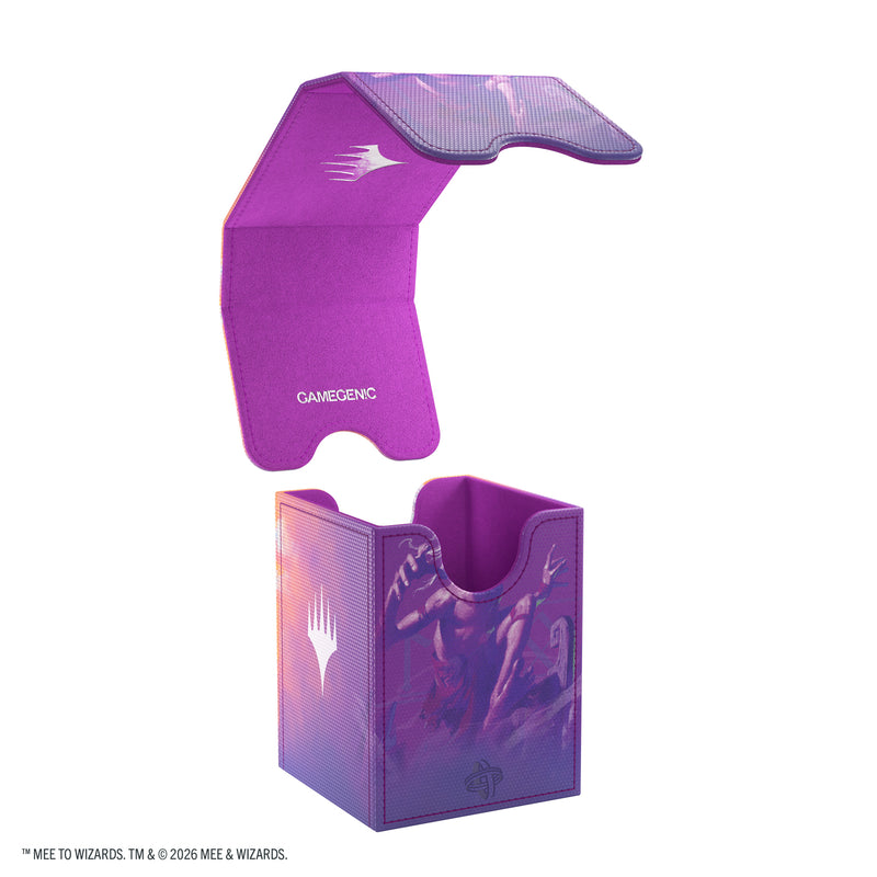 Load image into Gallery viewer, Magic: The Gathering | The Hobbit Squire 80+ XL - Gollum, Riddle Master/The Lonely Mountain - View of purple deck box with detachable lid. 
