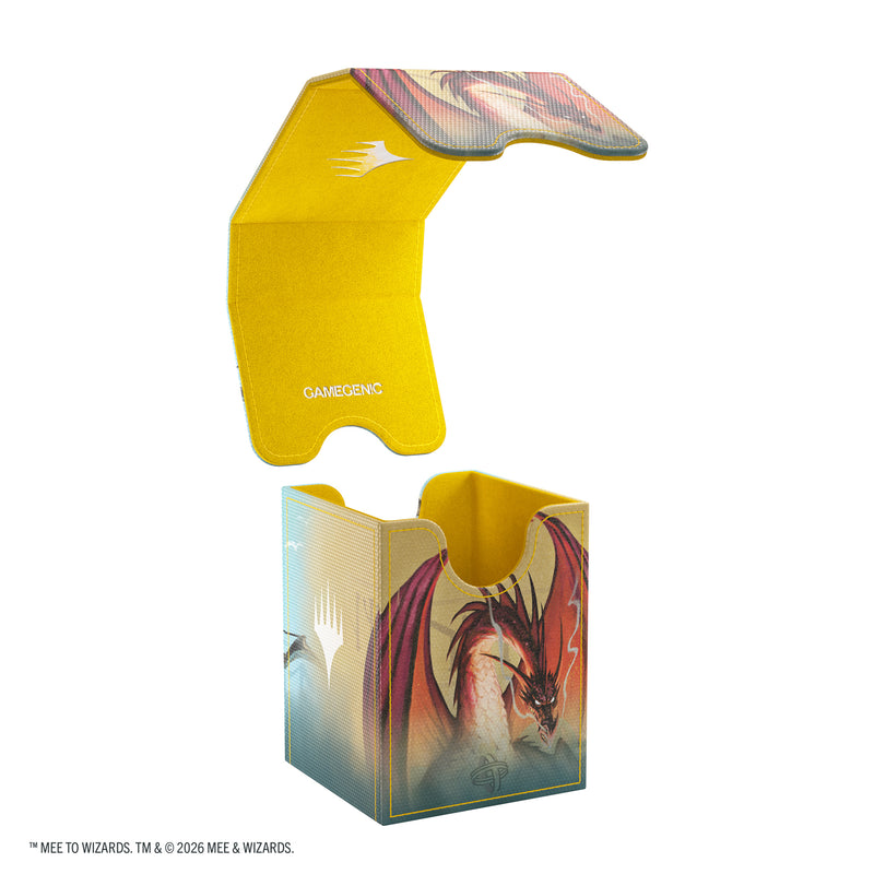 Load image into Gallery viewer, Magic: The Gathering | The Hobbit Squire 80+ XL - Gleaming Splendor/The King of Dale - View of deck box featuring art of red dragon and detachable lid. 
