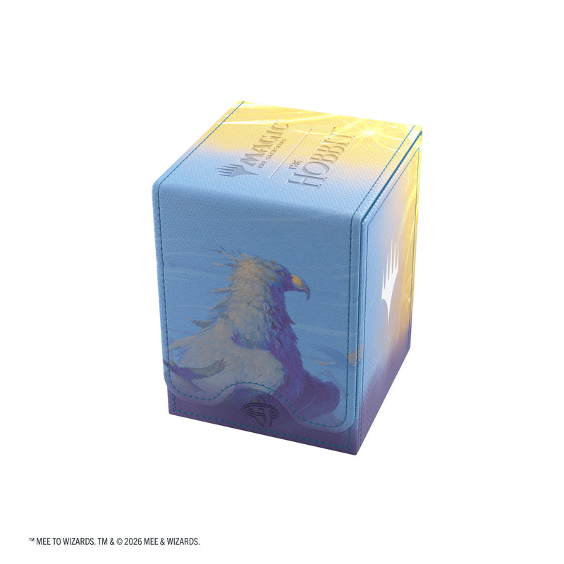 Load image into Gallery viewer, Magic: The Gathering | The Hobbit Squire 80+ XL - Gandalf, Goblin's Bane/The Lord of the Eagles - View of back of deck box featuring art of an Eagle on a blue background. 
