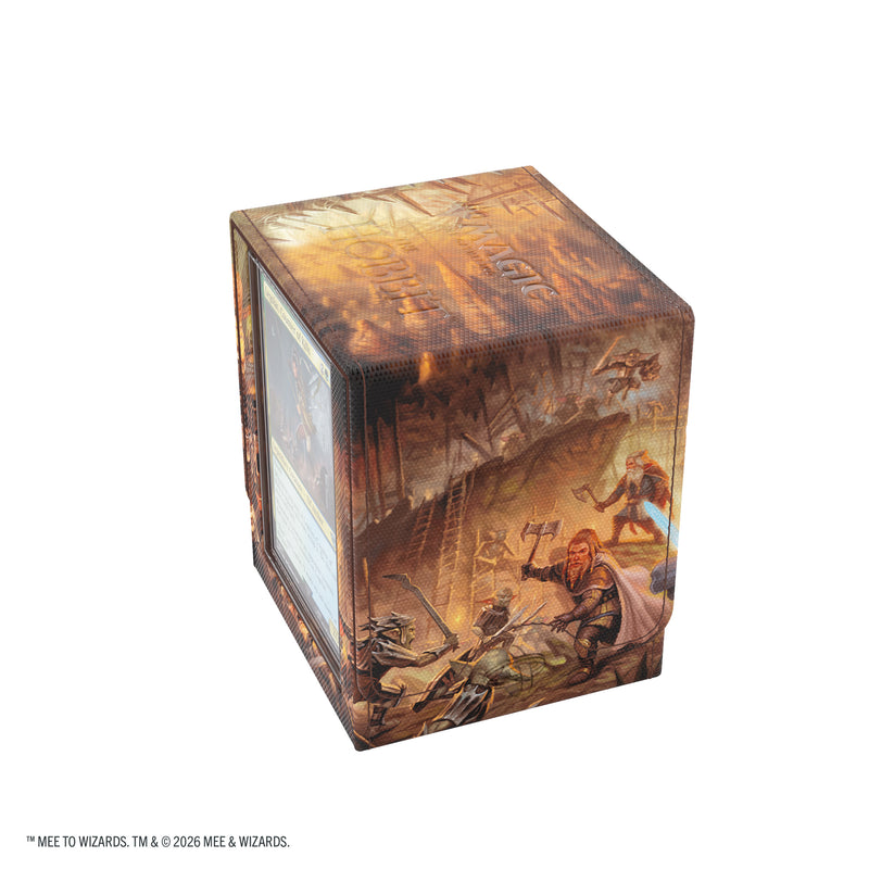 Load image into Gallery viewer, Magic: The Gathering | The Hobbit Squire PLUS 100+ XL - Battle of Goblin-Town - View of back of deck box featuring art of heroes fighting goblins. 
