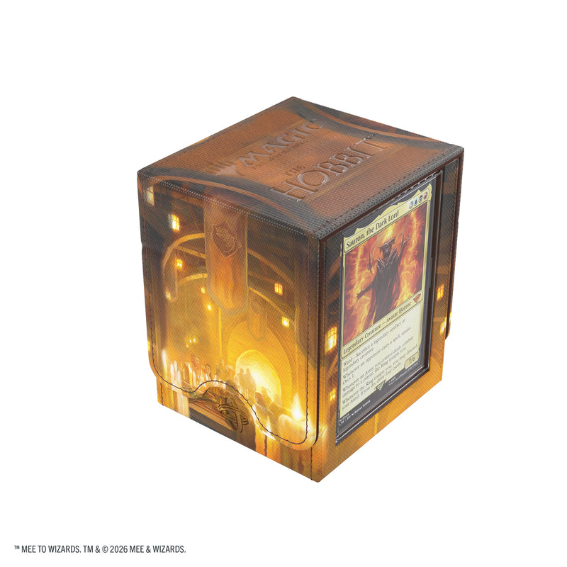 Load image into Gallery viewer, Magic: The Gathering | The Hobbit Squire PLUS 100+ XL - The Queen of Dale - View of front of deck box with slide card case on the side showing a sample Sauron card inside. 
