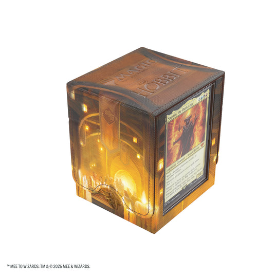 Magic: The Gathering | The Hobbit Squire PLUS 100+ XL - The Queen of Dale - View of front of deck box with slide card case on the side showing a sample Sauron card inside. 