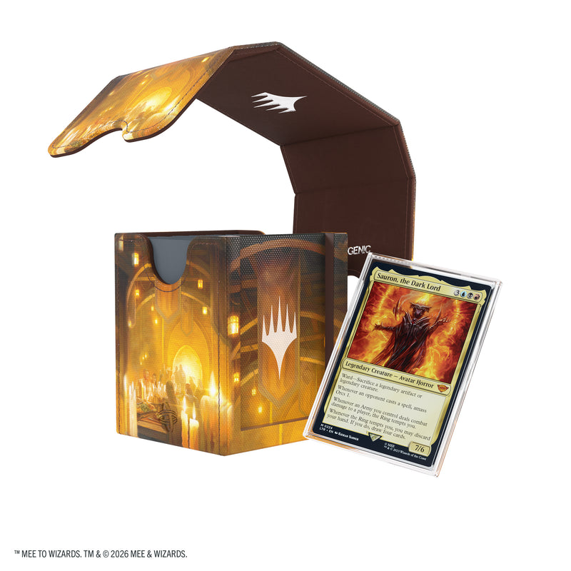 Load image into Gallery viewer, Magic: The Gathering | The Hobbit Squire PLUS 100+ XL - The Queen of Dale - View of open deck box, detachable lid, and slide card case with sample Sauron card shown inside.
