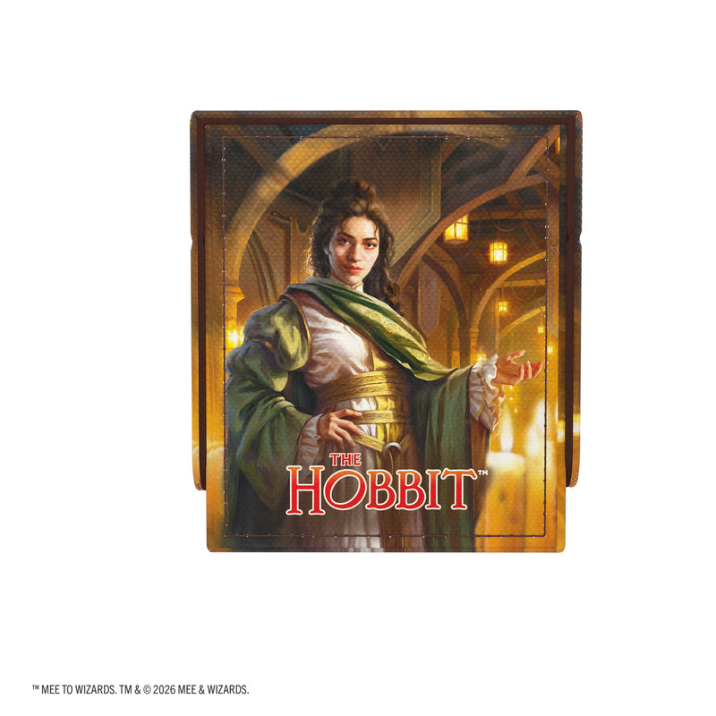 Load image into Gallery viewer, Magic: The Gathering | The Hobbit Squire PLUS 100+ XL - The Queen of Dale - View of back of deck box featuring art of the Queen of Dale and The Hobbit branding written in red. 

