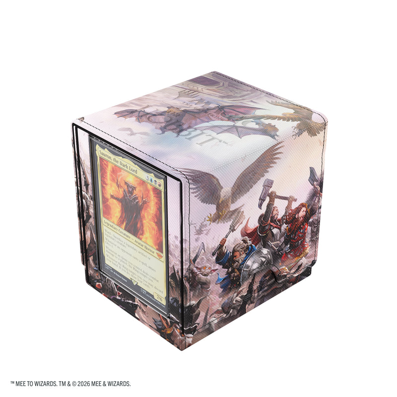 Load image into Gallery viewer, Magic: The Gathering | The Hobbit Sidekick PRO 100+ XL - Battle of Five Armies - View of deck box showing slide card case with sample Sauron card inside. 
