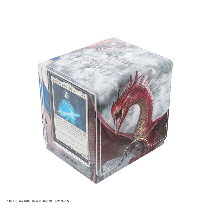 Load image into Gallery viewer, Magic: The Gathering | The Hobbit Sidekick PRO 100+ XL - Bard, King of Dale/Smaug, Wicked Worm - View of back of deck box featuring art of Smaug and with slide card case shown with sample card inside. 
