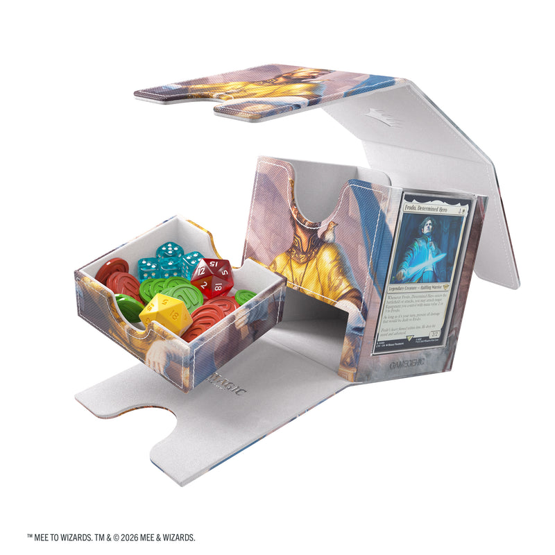 Load image into Gallery viewer, Magic: The Gathering | The Hobbit Sidekick PRO 100+ XL - Bard, King of Dale/Smaug, Wicked Worm - View of open deck box, detachable lid, and storage compartment shown with sample dice and tokens inside. 
